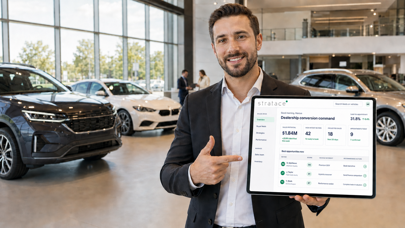 Marcus Kane presenting the Stratace Dealerships conversion dashboard on a showroom floor